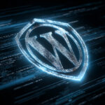A secure WordPress logo protected by a digital shield while automated bots and code scanners probe vulnerable WordPress URLs, illustrated in a clean, futuristic cybersecurity style.